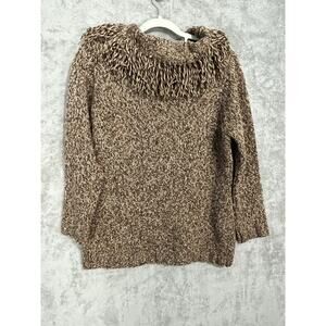 Bogner Soft Virgin Wool Sweater Size 12 Brown Fringe Cowl Neck Boho